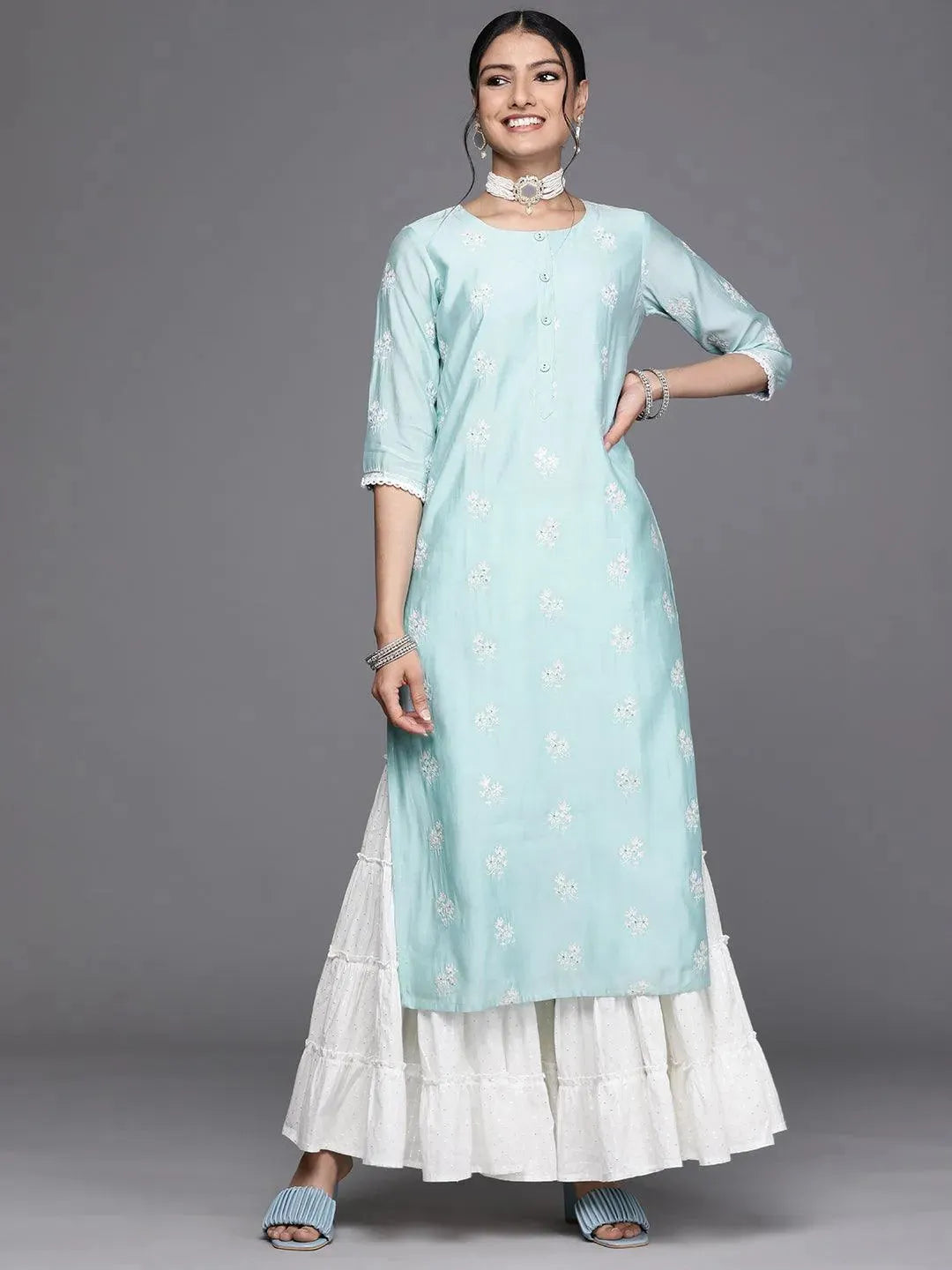 Blue Embroidered Chanderi Silk Kurta - Libas 