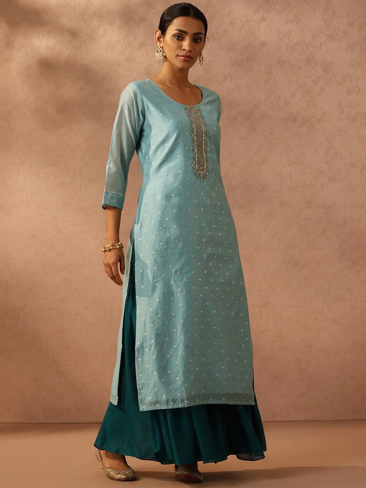 Blue Embroidered Chanderi Silk Straight Kurta - Libas