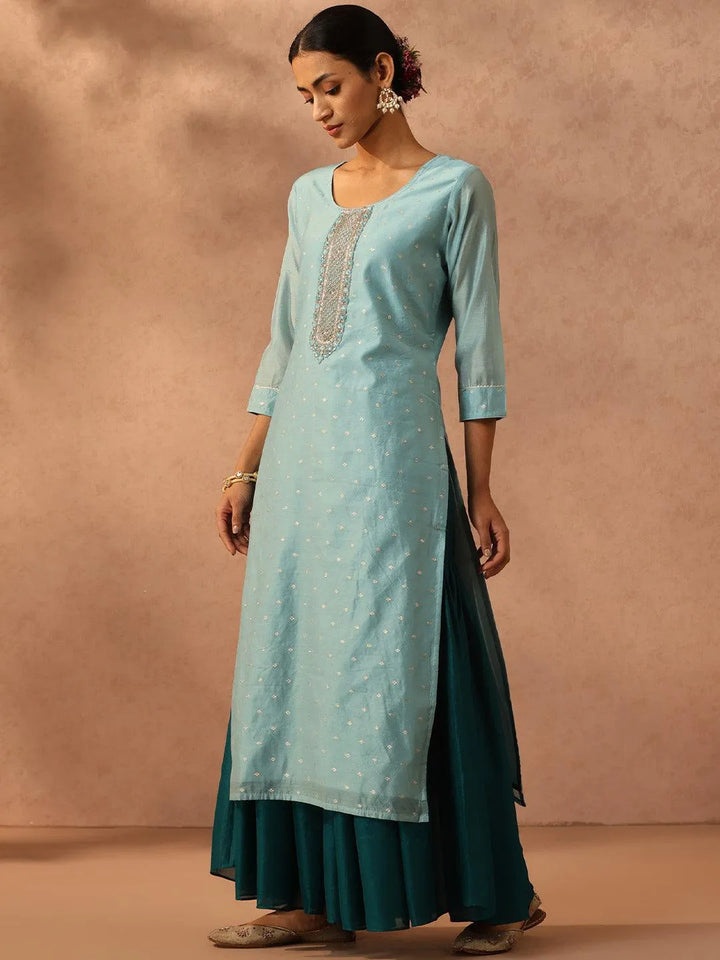 Blue Embroidered Chanderi Silk Straight Kurta - Libas