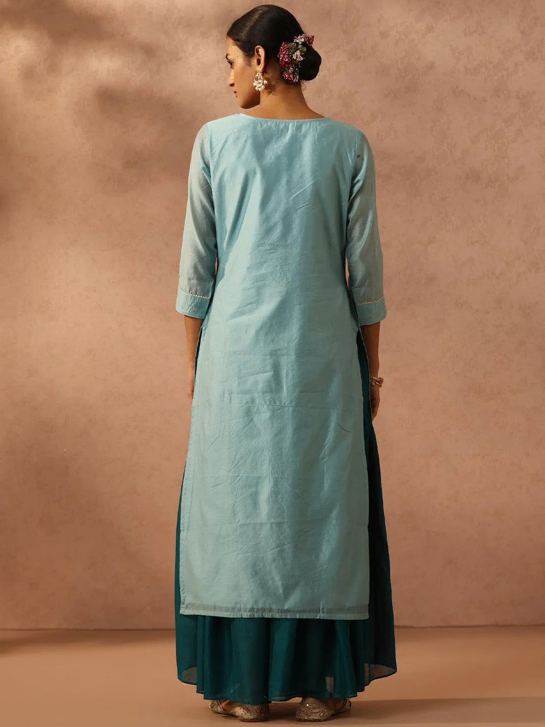 Blue Embroidered Chanderi Silk Straight Kurta - Libas