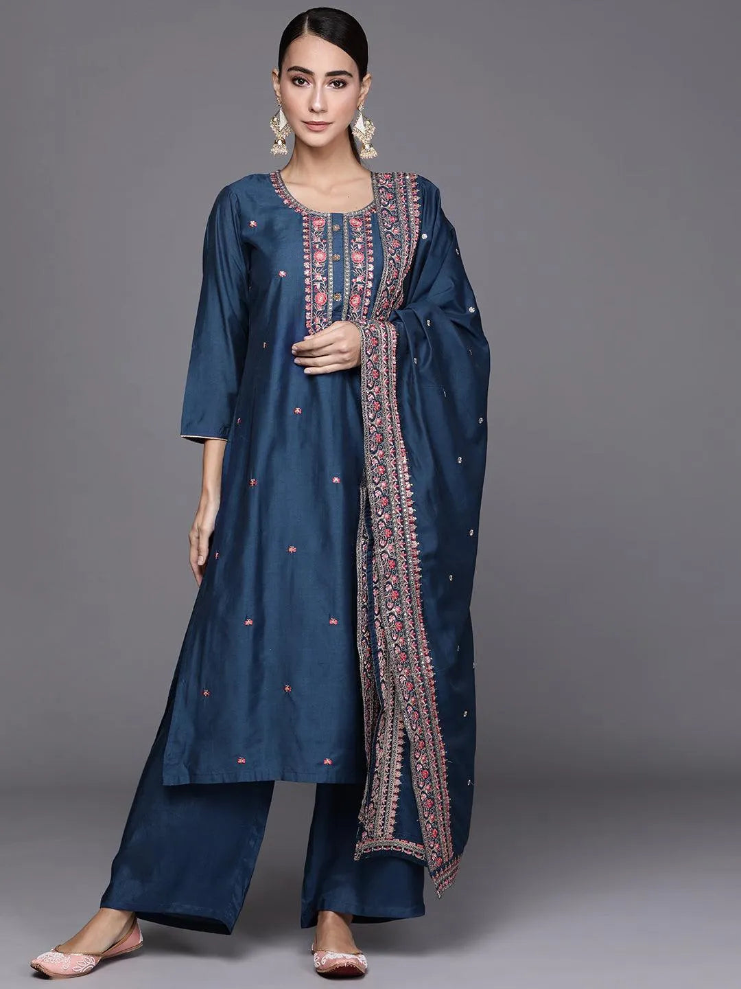 Blue Embroidered Chanderi Silk Suit Set - Libas