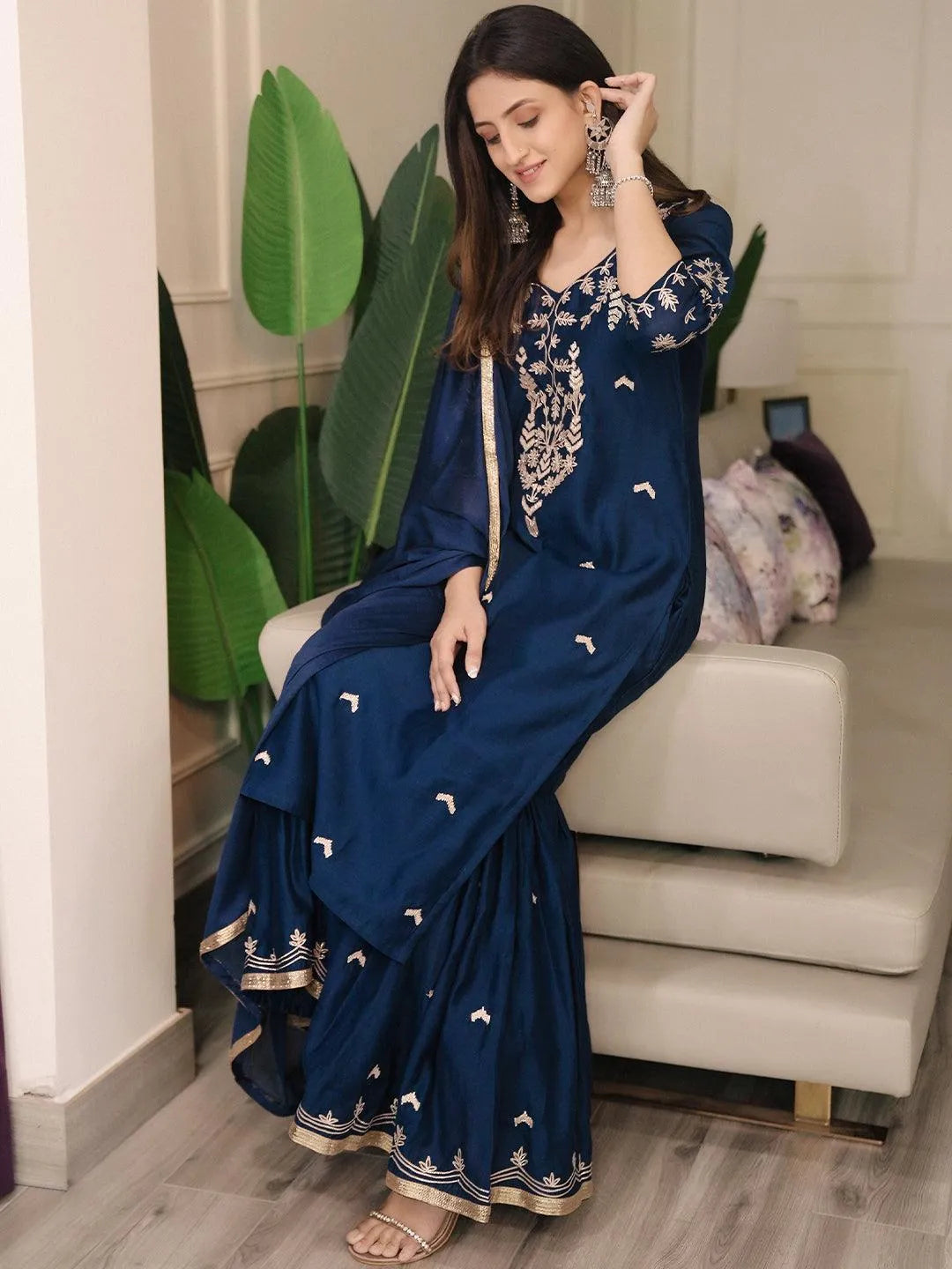 Blue Embroidered Chanderi Silk Suit Set - Libas 