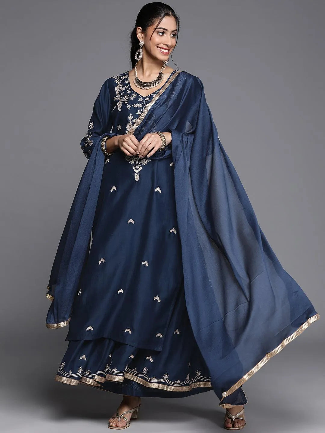 Blue Embroidered Chanderi Silk Suit Set - Libas 