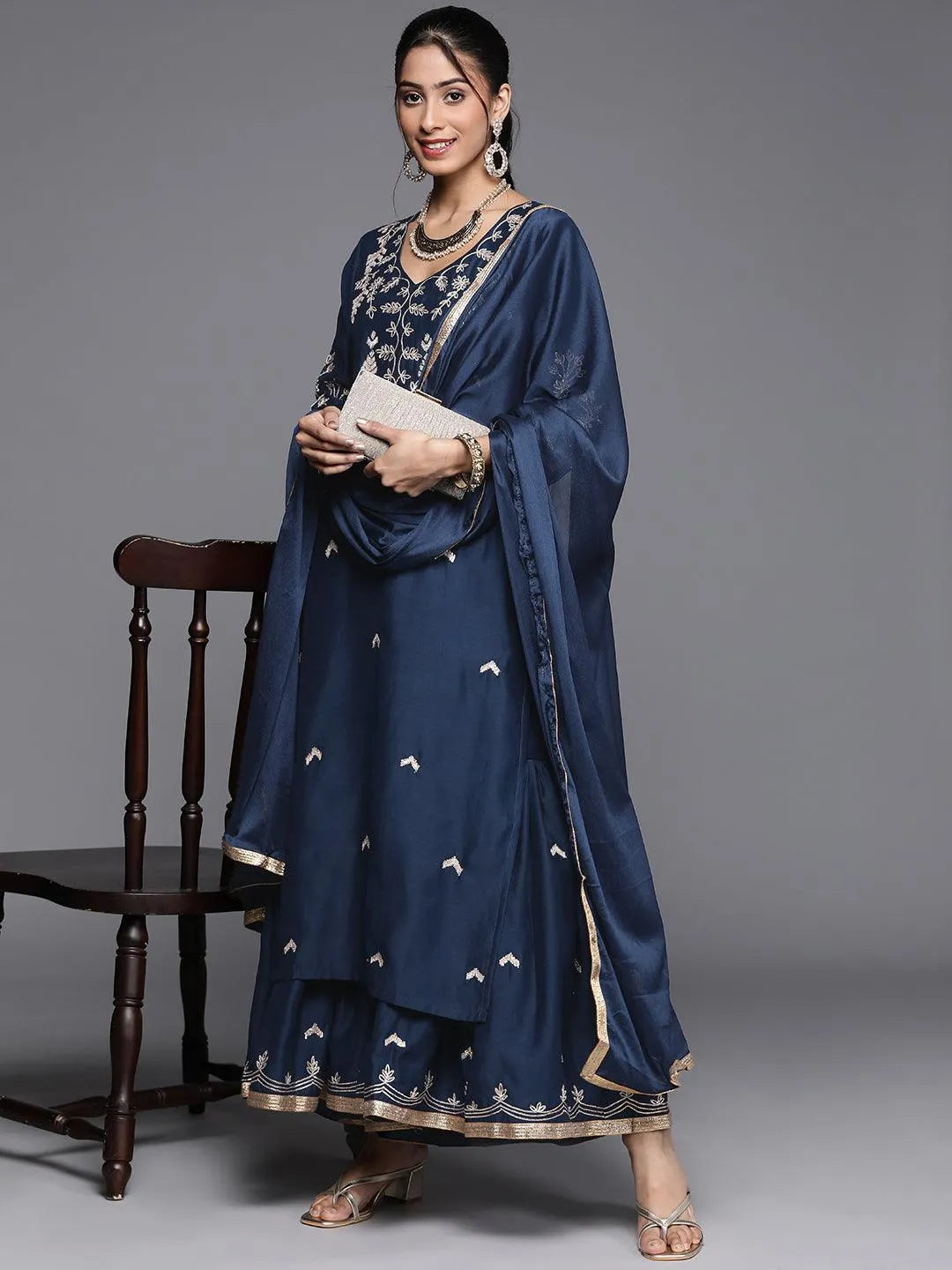 Blue Embroidered Chanderi Silk Suit Set - Libas 