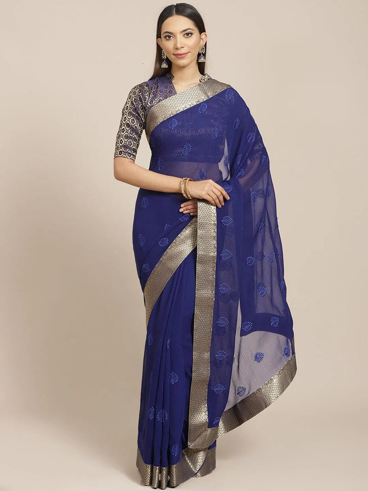 Blue Embroidered Chiffon Saree - Libas