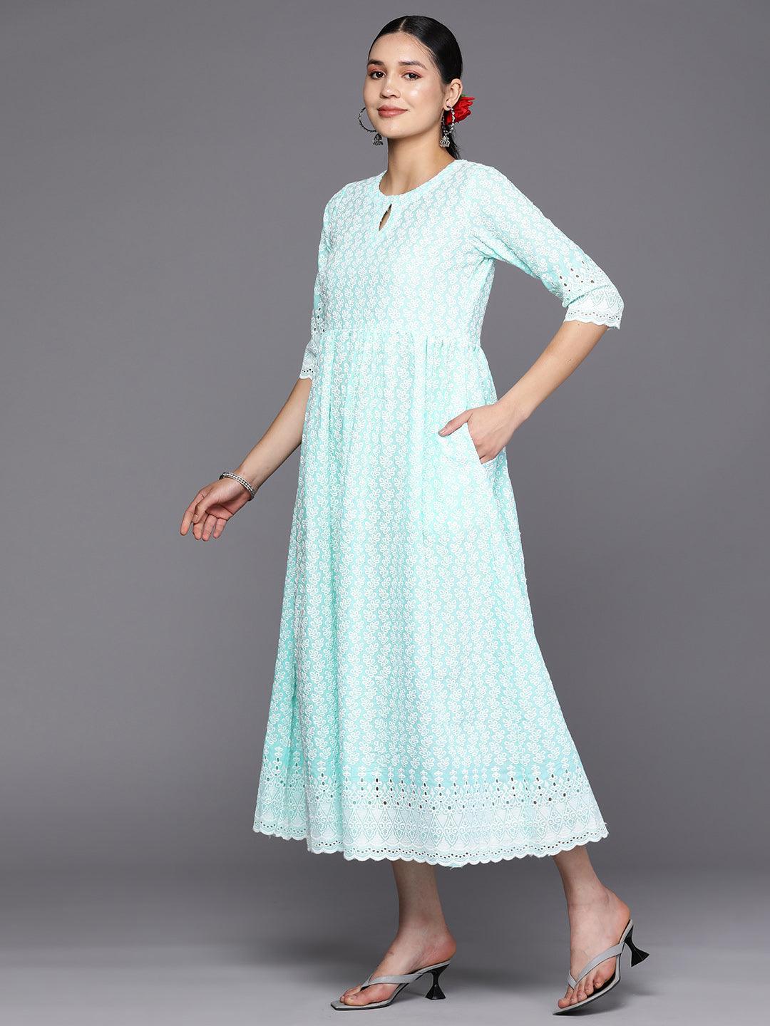 Blue Embroidered Cotton Fit and Flare Dress - Libas 