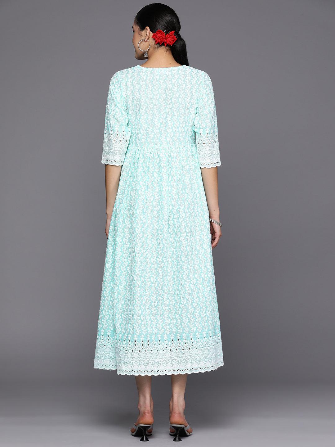 Blue Embroidered Cotton Fit and Flare Dress - Libas 