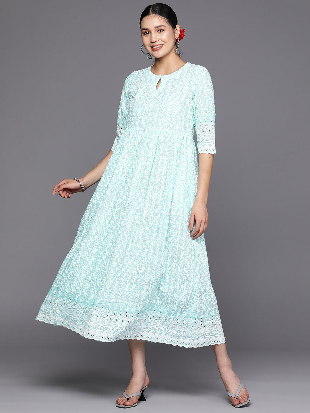 Blue Embroidered Cotton Fit and Flare Dress - Libas 