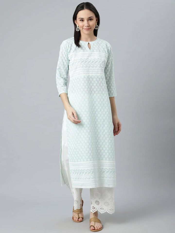 Blue Embroidered Cotton Kurta - Libas