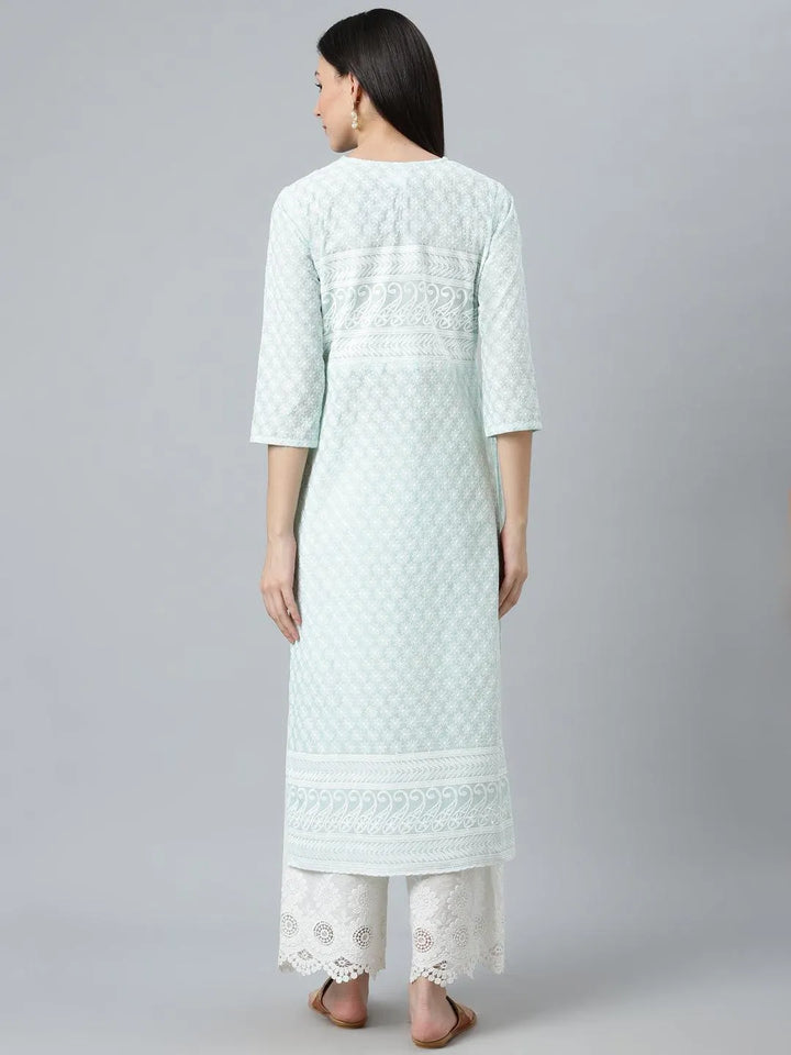 Blue Embroidered Cotton Kurta - Libas