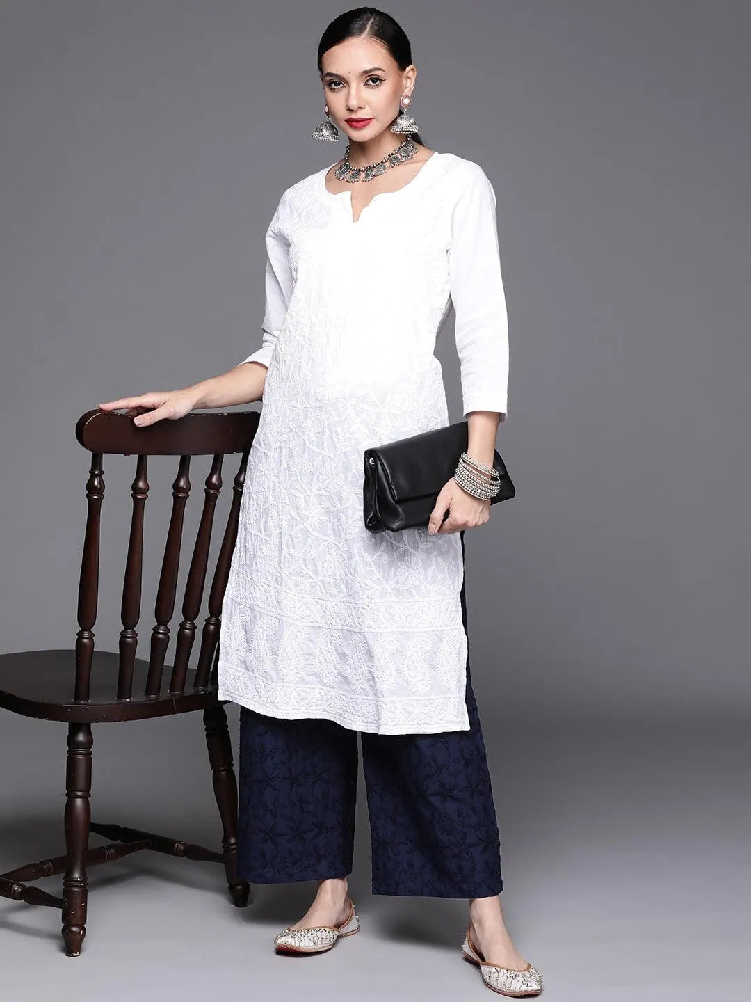 Blue Embroidered Cotton Palazzos - Libas 