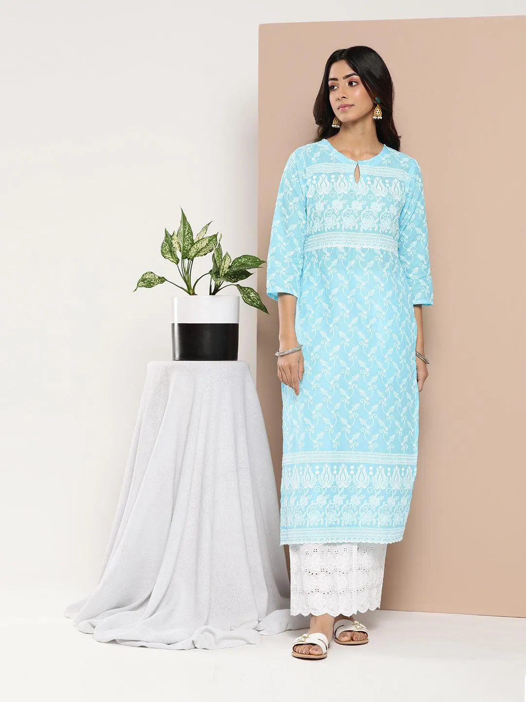 Blue Embroidered Cotton Straight Kurta - Libas 