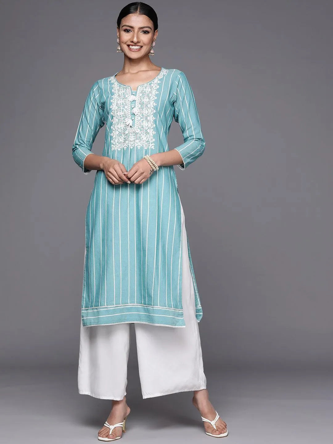 Blue Embroidered Cotton Straight Kurta - Libas