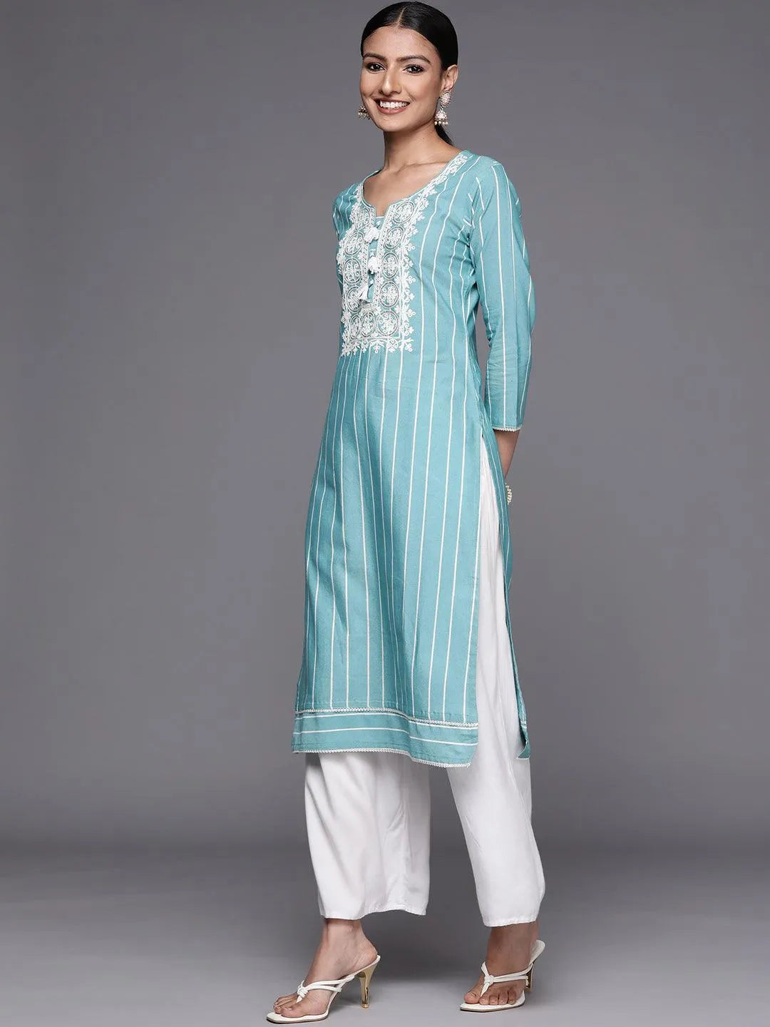 Blue Embroidered Cotton Straight Kurta - Libas 