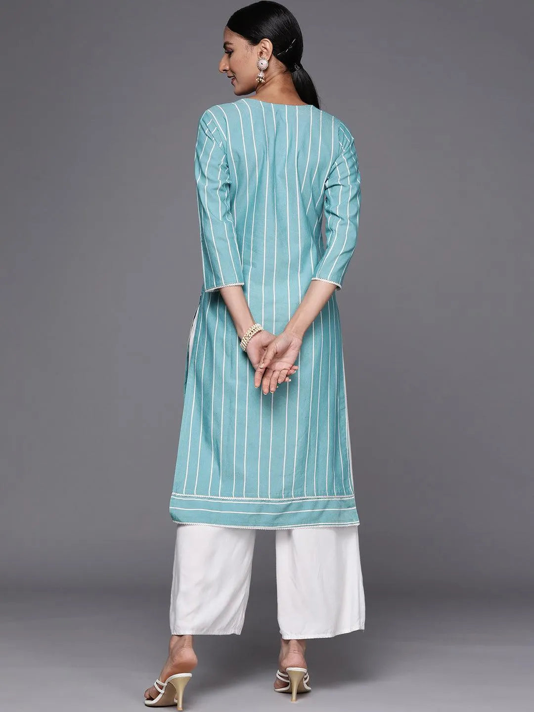 Blue Embroidered Cotton Straight Kurta - Libas 