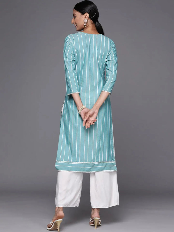 Blue Embroidered Cotton Straight Kurta - Libas