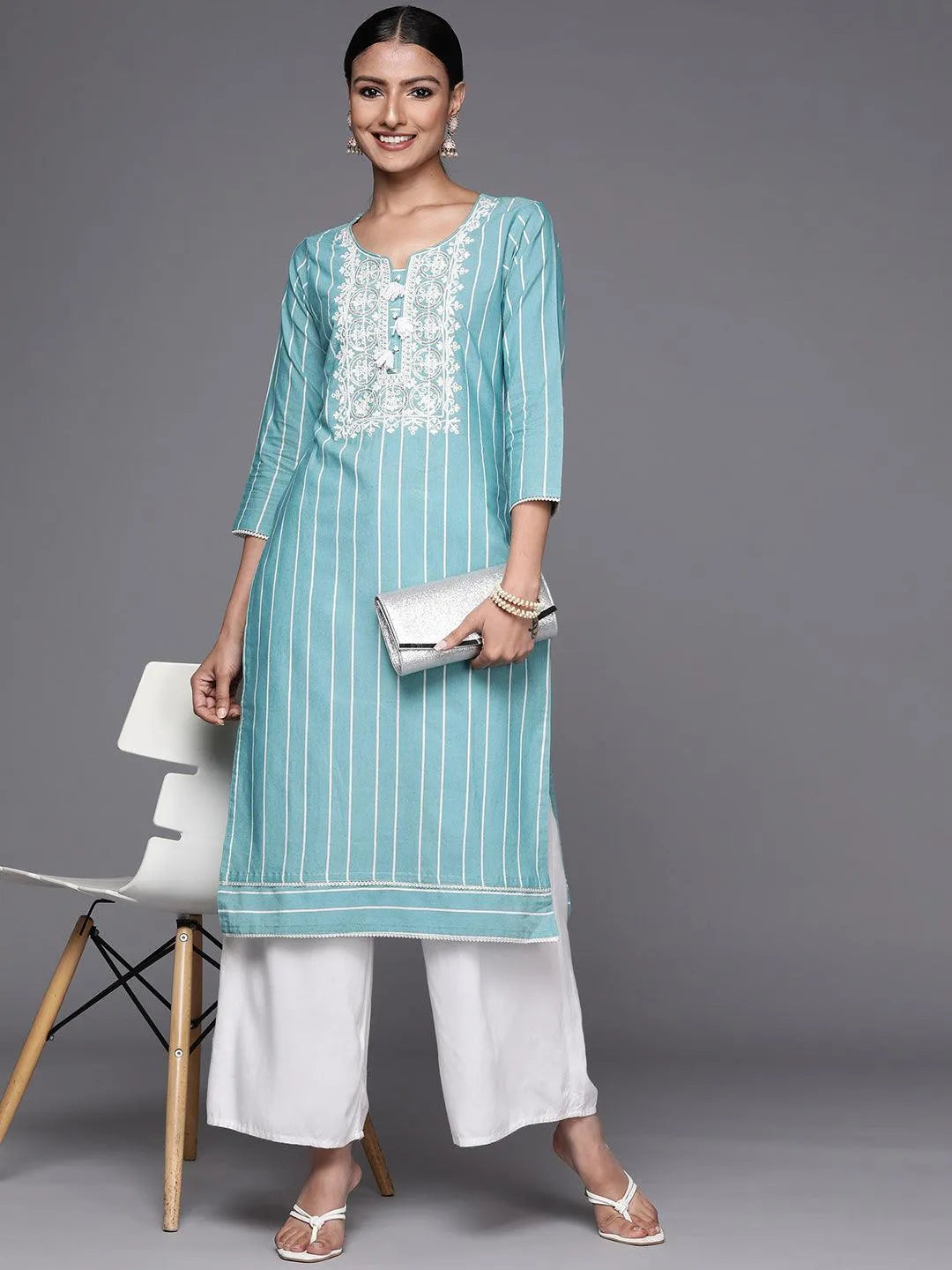 Blue Embroidered Cotton Straight Kurta - Libas 