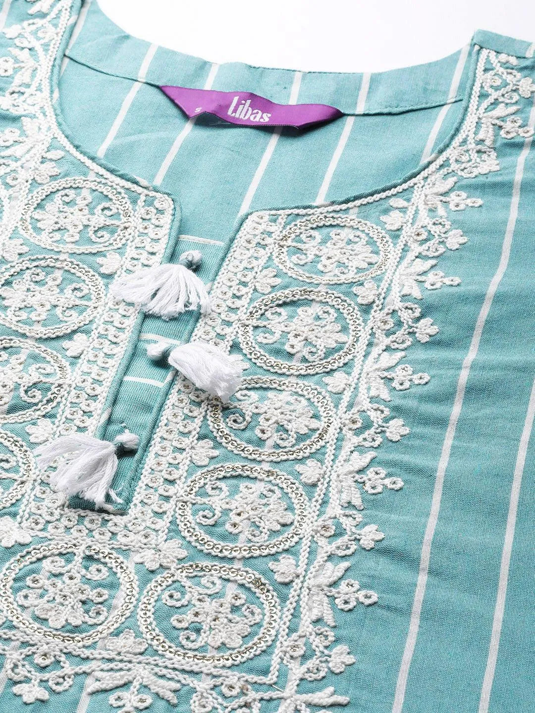 Blue Embroidered Cotton Straight Kurta - Libas 