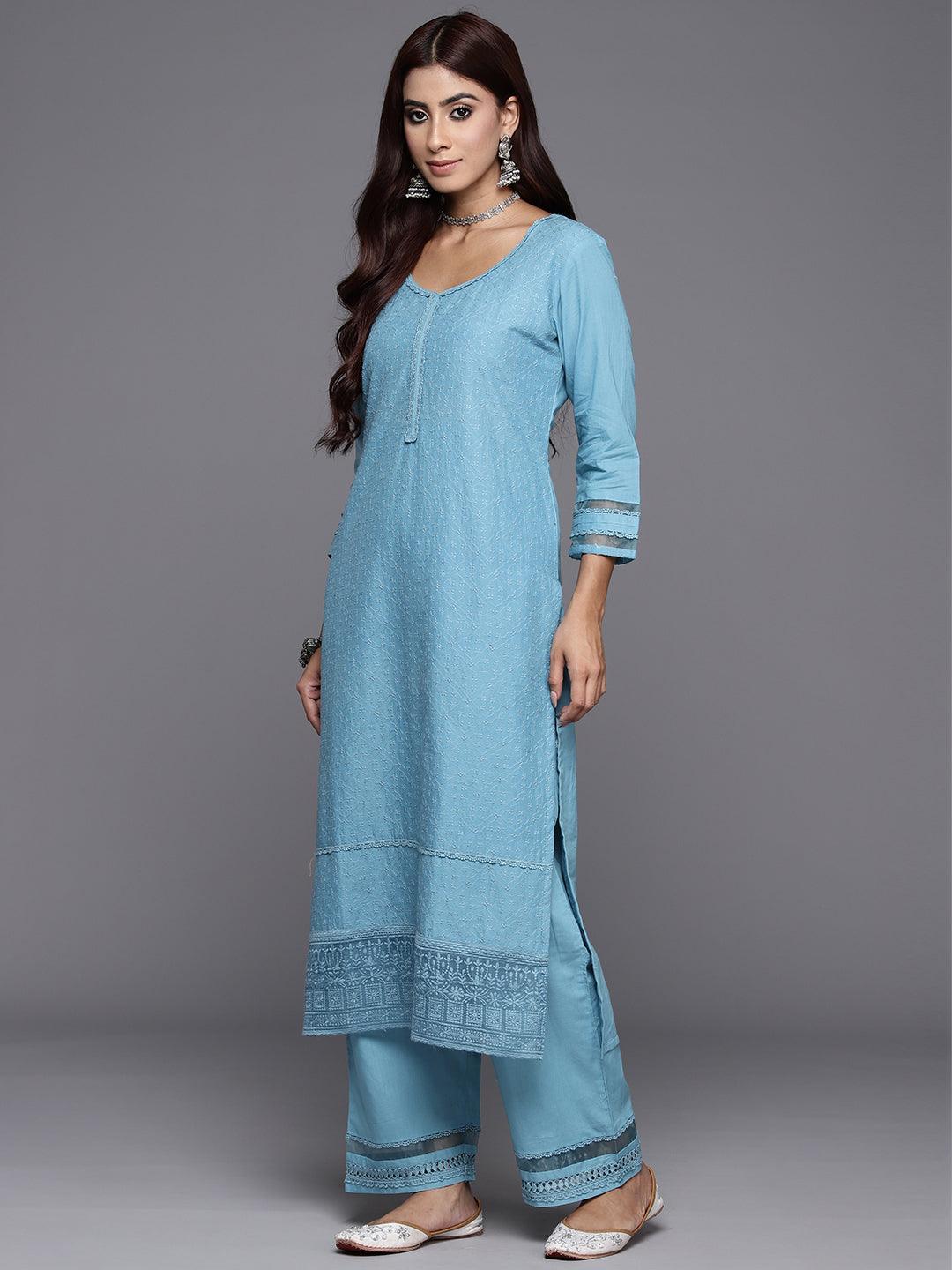 Blue Embroidered Cotton Straight Kurta With Trousers & Dupatta