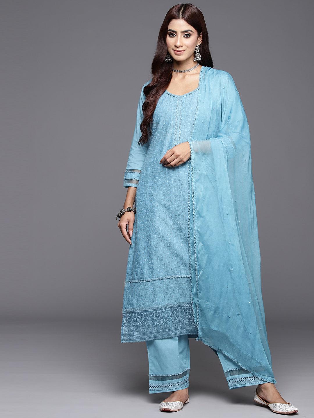 Blue Embroidered Cotton Straight Kurta With Trousers & Dupatta