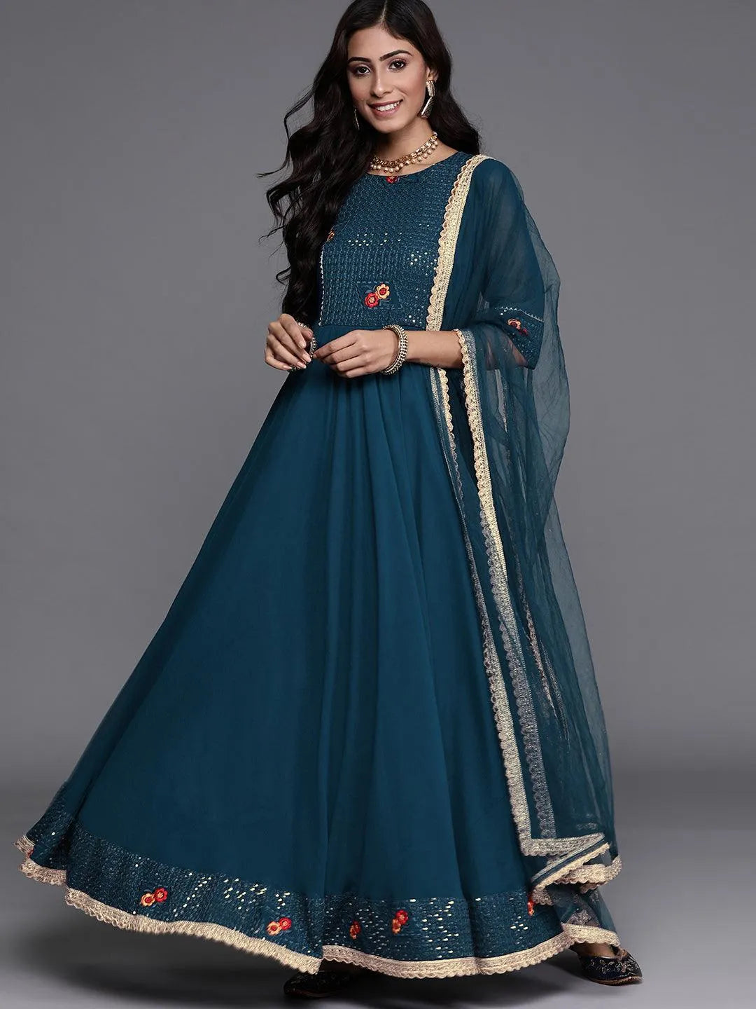 Blue Embroidered Georgette Suit Set - Libas