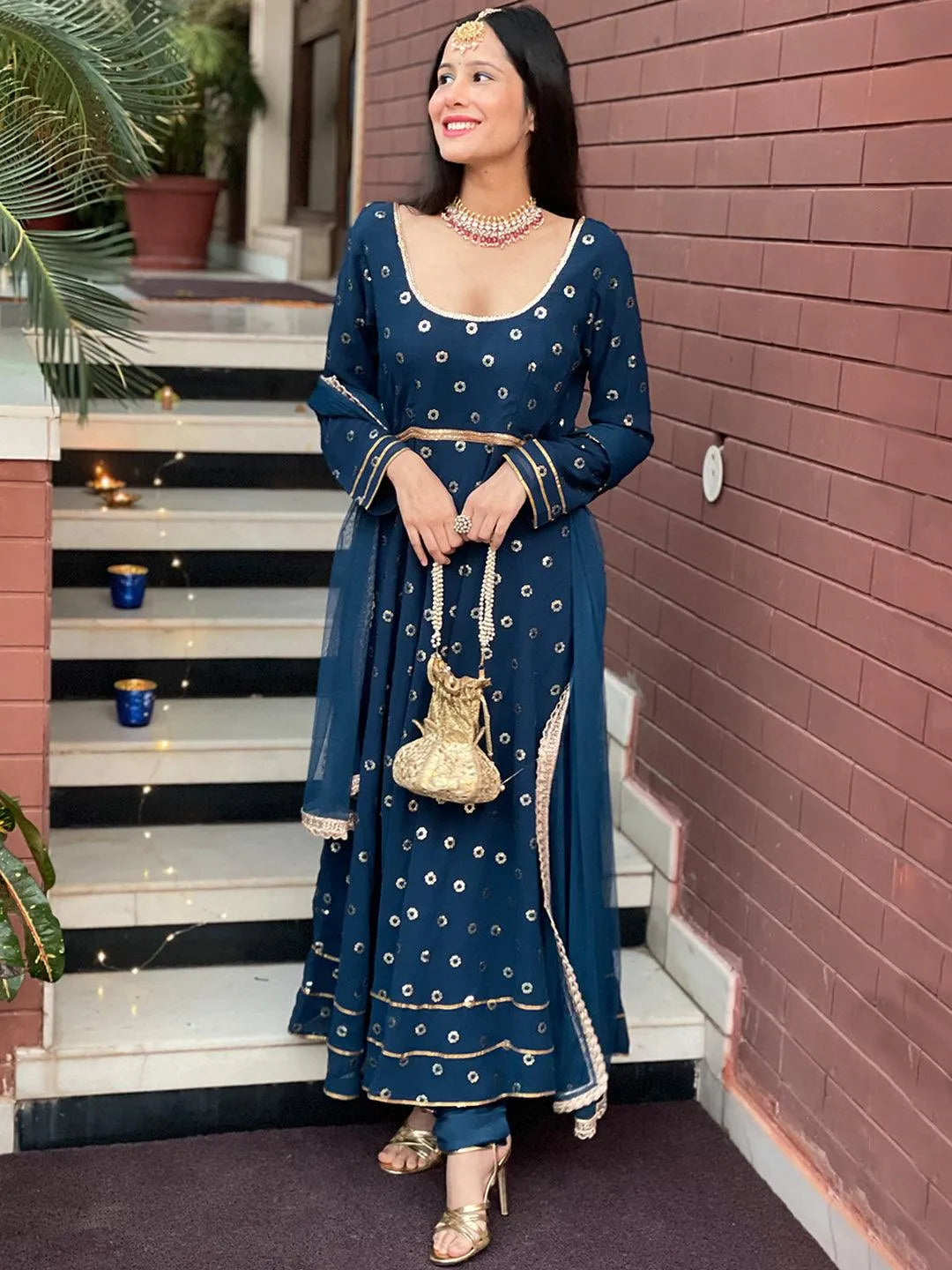 Blue Embroidered Georgette Suit Set - Libas