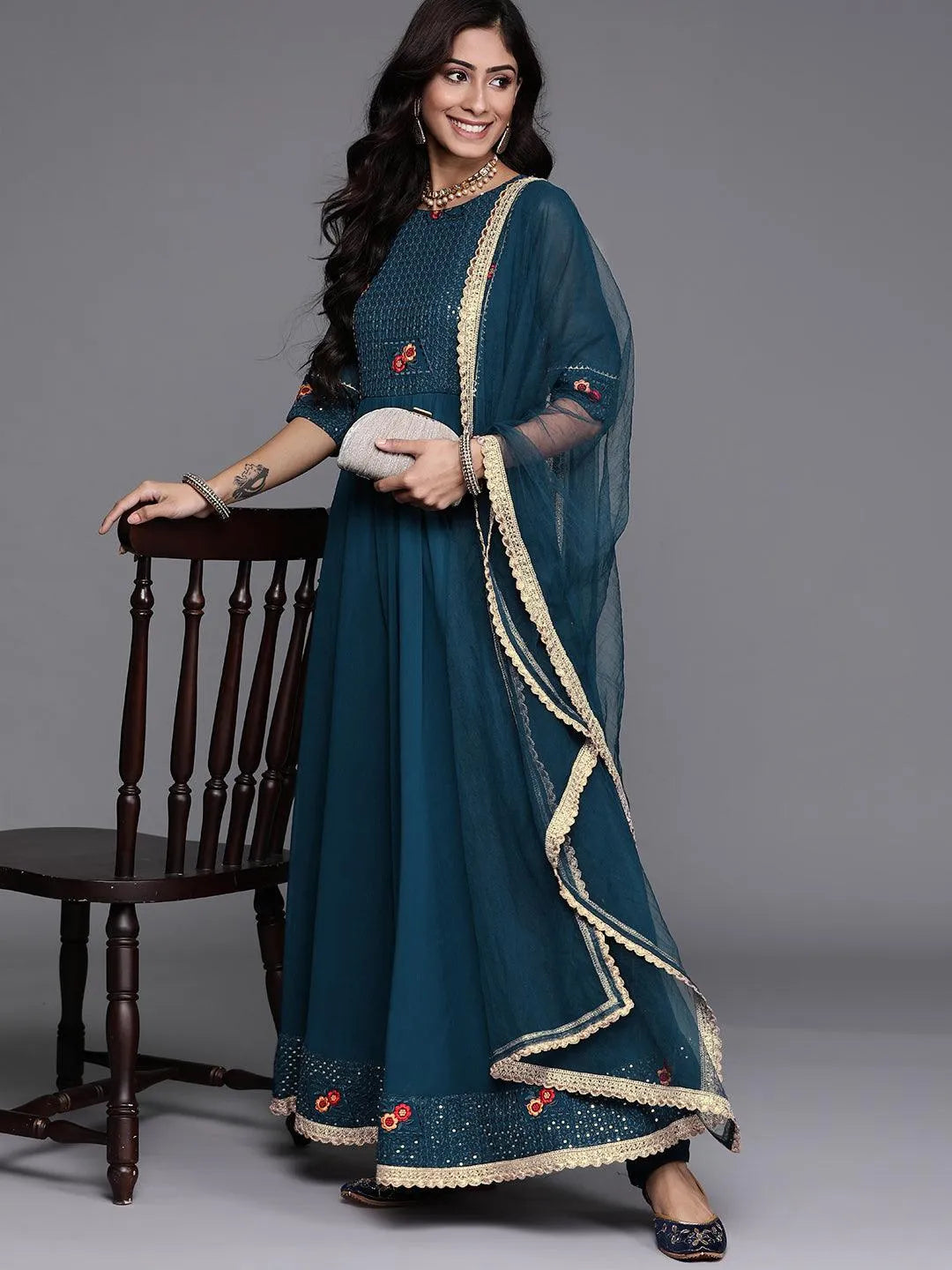 Blue Embroidered Georgette Suit Set - Libas