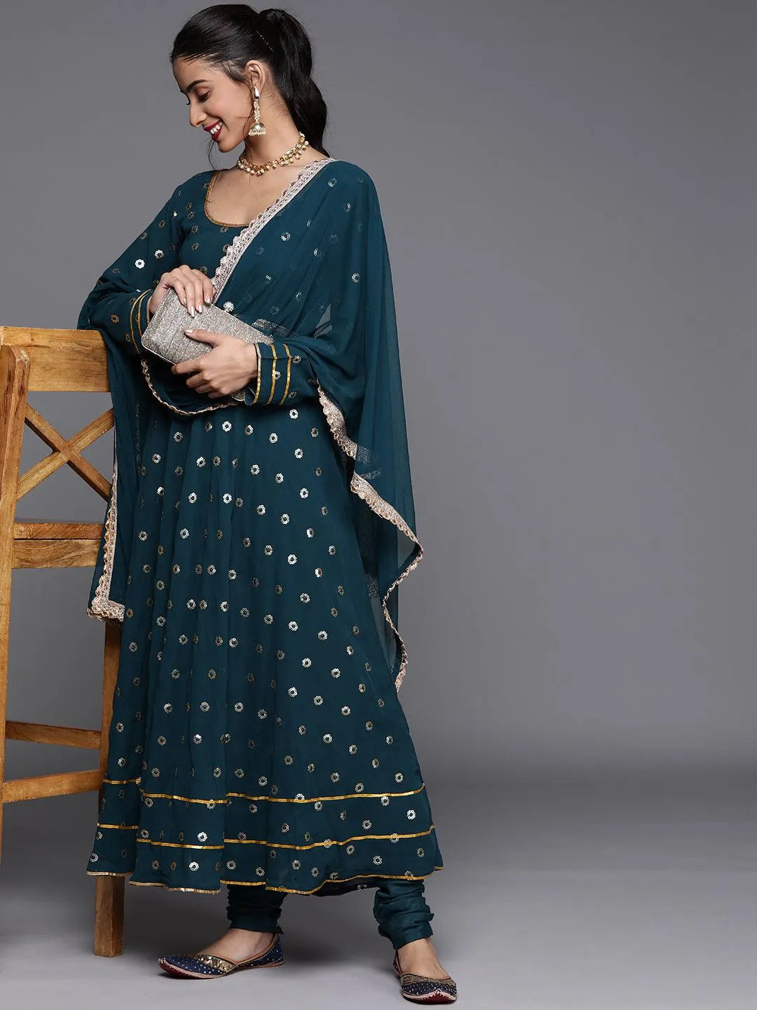 Blue Embroidered Georgette Suit Set - Libas 