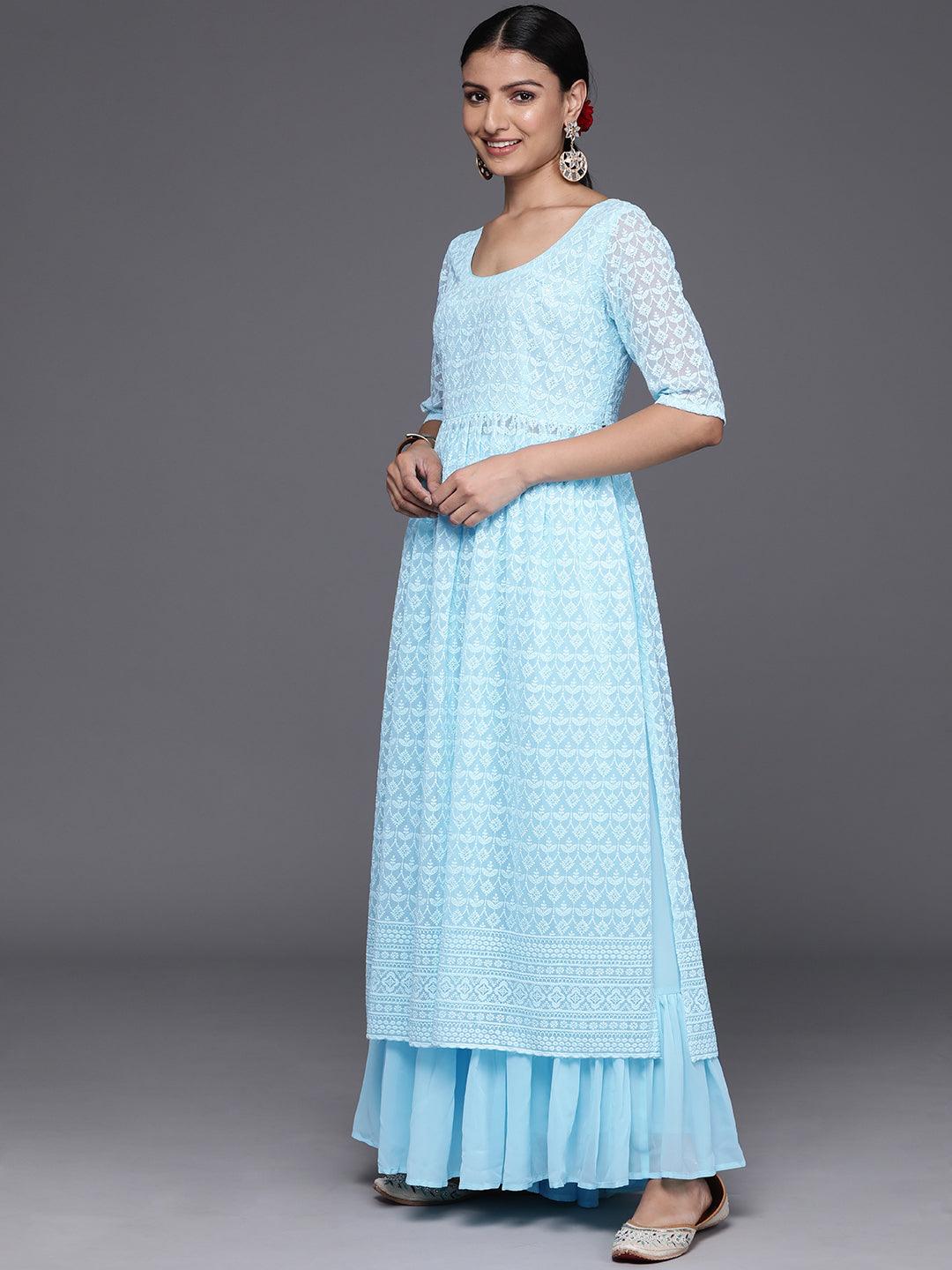 Blue Embroidered Georgette A-Line Kurta With Palazzos & Dupatta - Libas