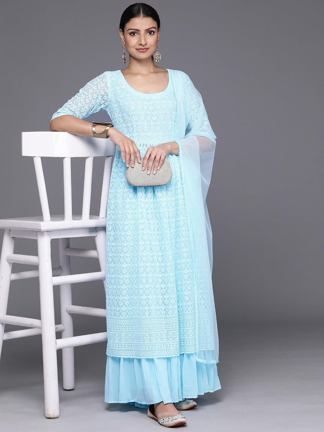 Blue Embroidered Georgette A-Line Kurta With Palazzos & Dupatta - Libas 