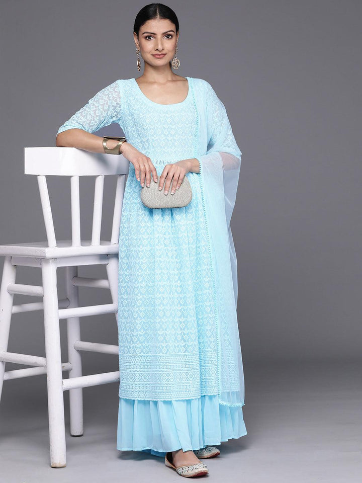 Blue Embroidered Georgette A-Line Kurta With Palazzos & Dupatta - Libas