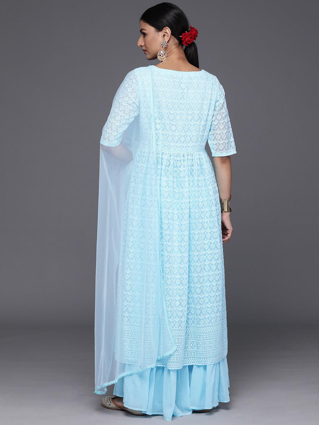 Blue Embroidered Georgette A-Line Kurta With Palazzos & Dupatta - Libas