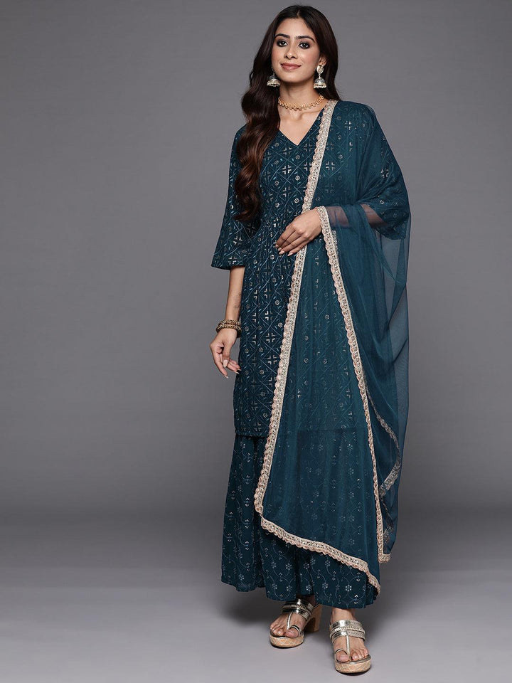 Blue Embroidered Georgette A-Line Kurta With Sharara & Dupatta - Libas