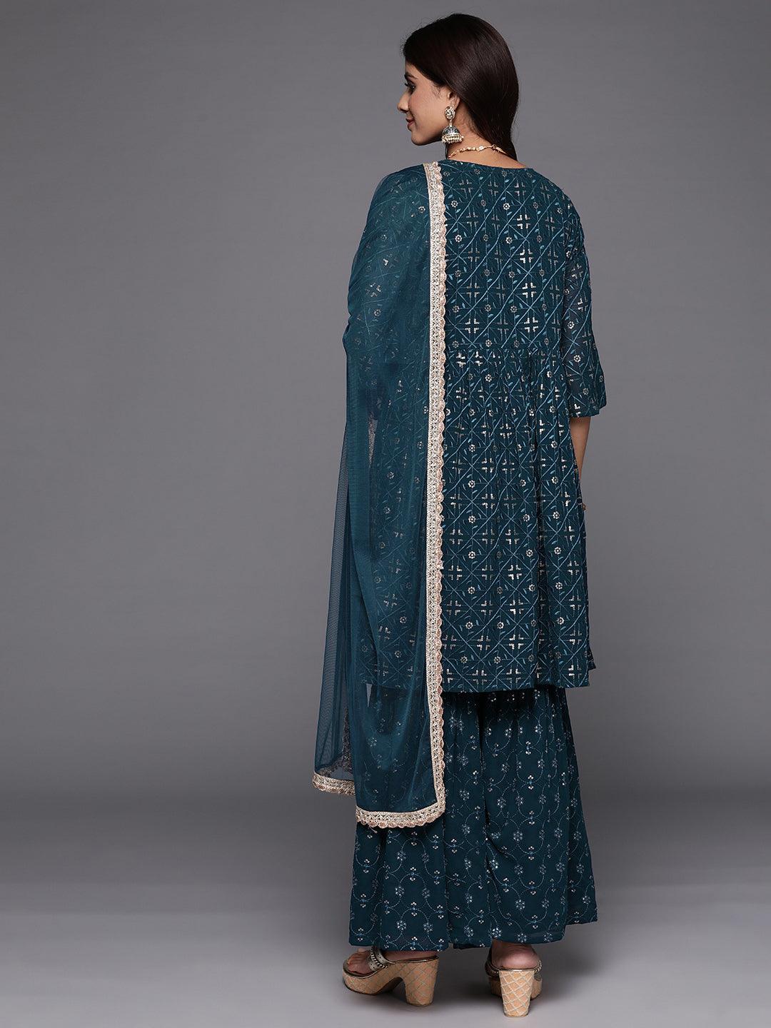 Blue Embroidered Georgette A-Line Kurta With Sharara & Dupatta - Libas