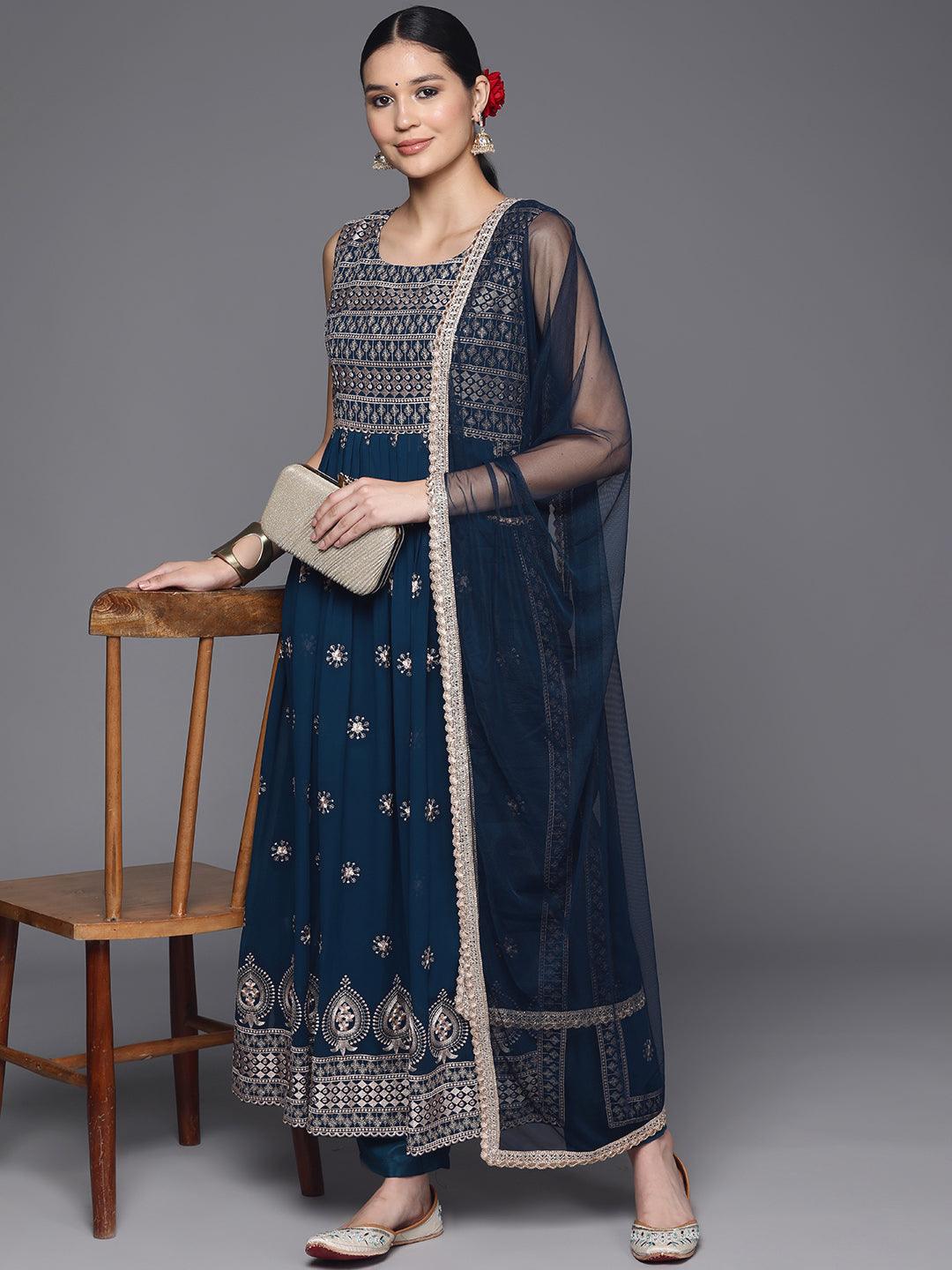 Blue Embroidered Georgette A-Line Kurta With Trousers & Dupatta - Libas