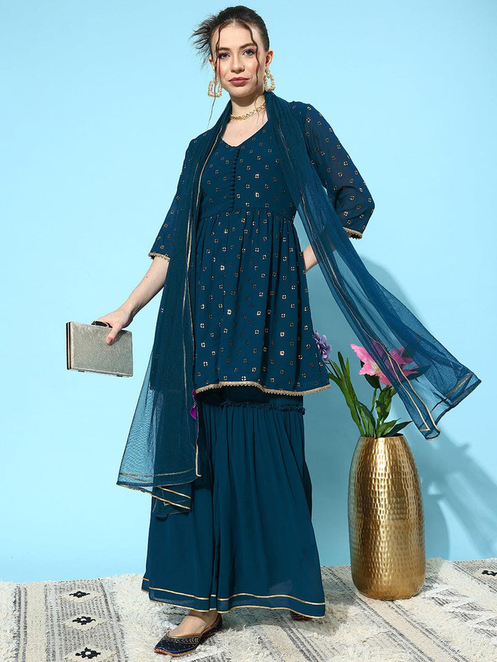 Blue Embroidered Georgette A-Line Kurti With Sharara & Dupatta - Libas