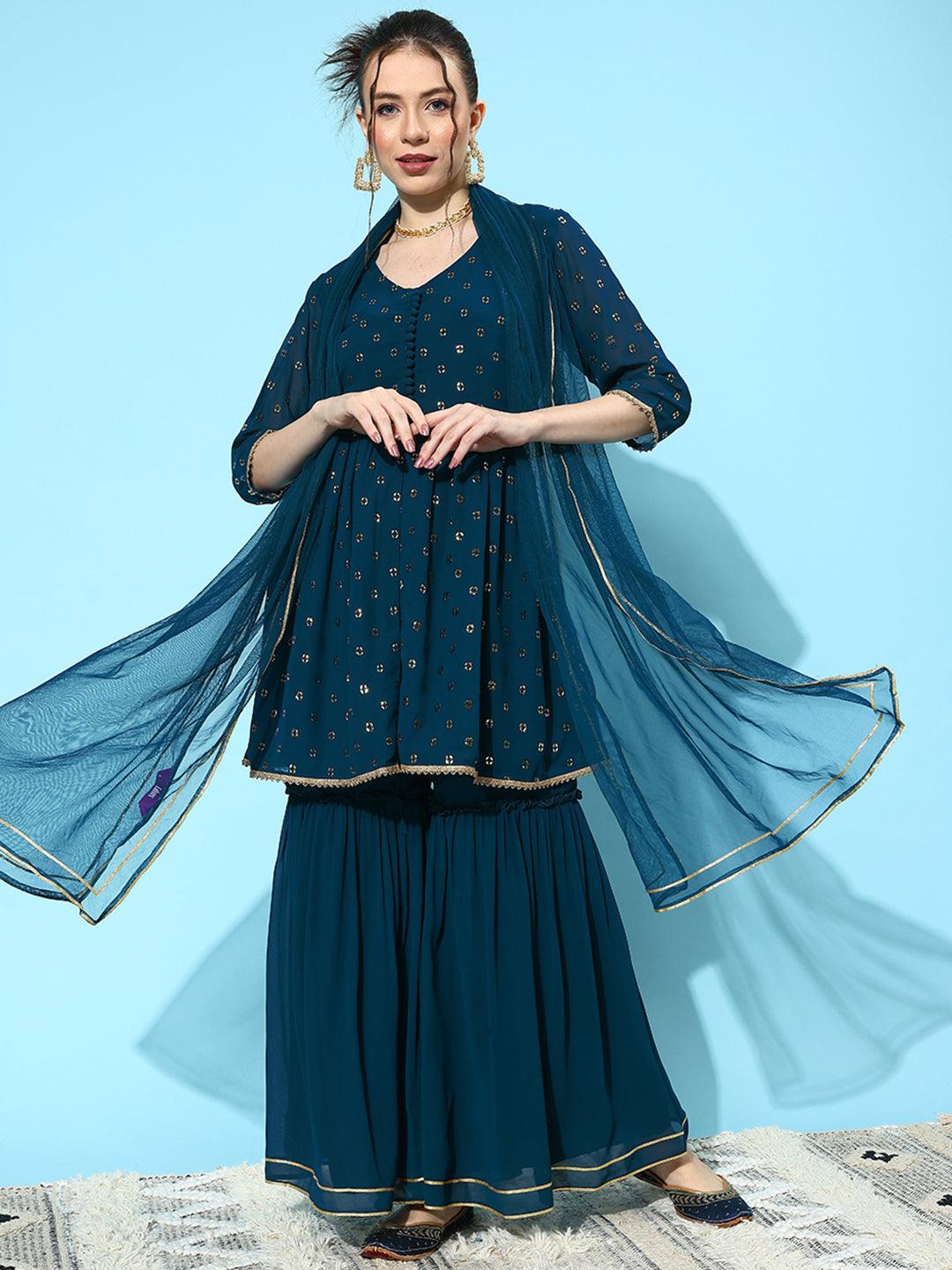 Blue Embroidered Georgette A-Line Kurti With Sharara & Dupatta - Libas