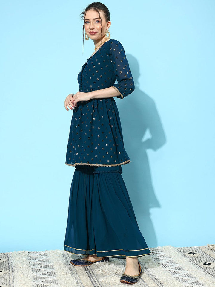 Blue Embroidered Georgette A-Line Kurti With Sharara & Dupatta - Libas