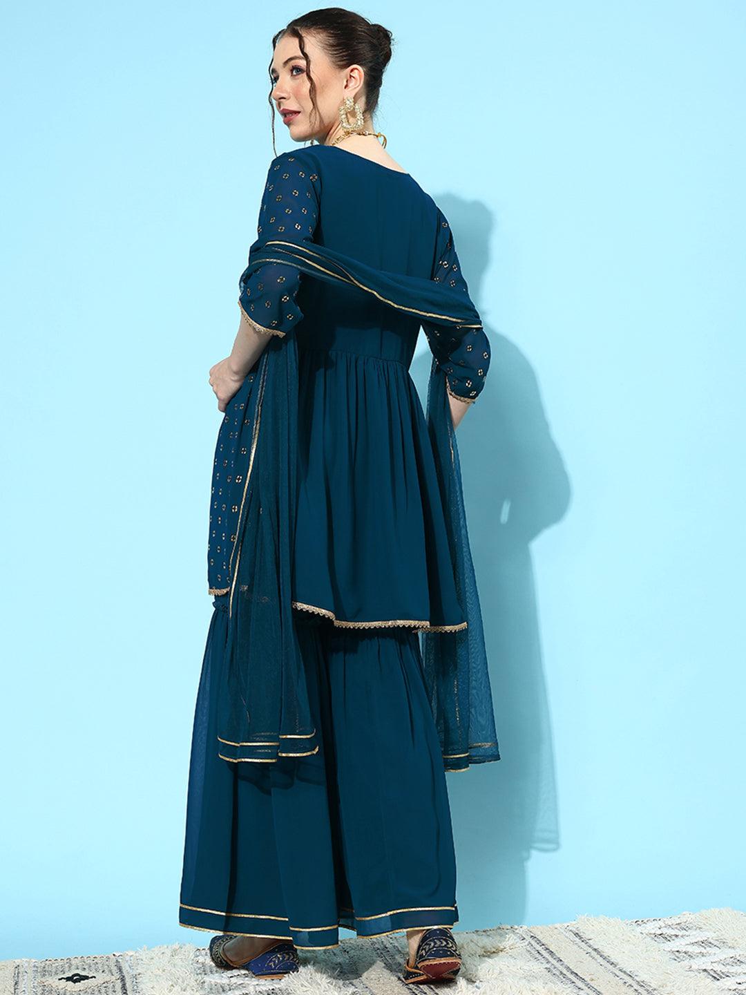 Blue Embroidered Georgette A-Line Kurti With Sharara & Dupatta - Libas