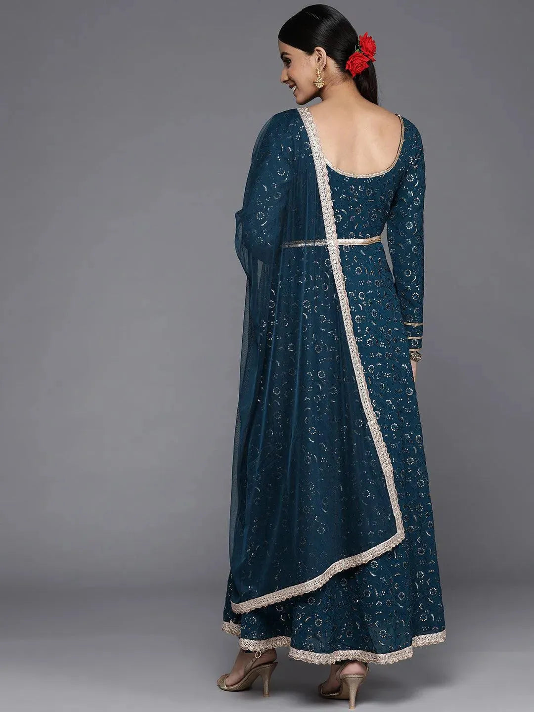 

Blue Embroidered Georgette Anarkali Kurta With Churidar & Dupatta