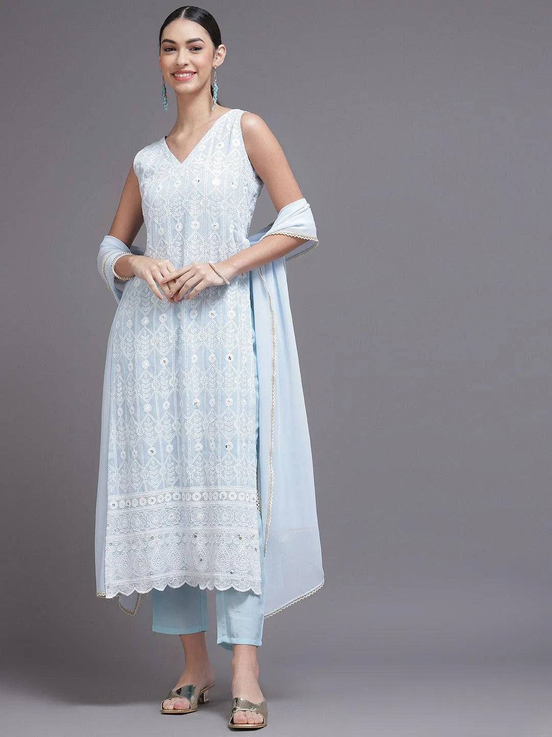 Blue Embroidered Georgette Suit Set - Libas