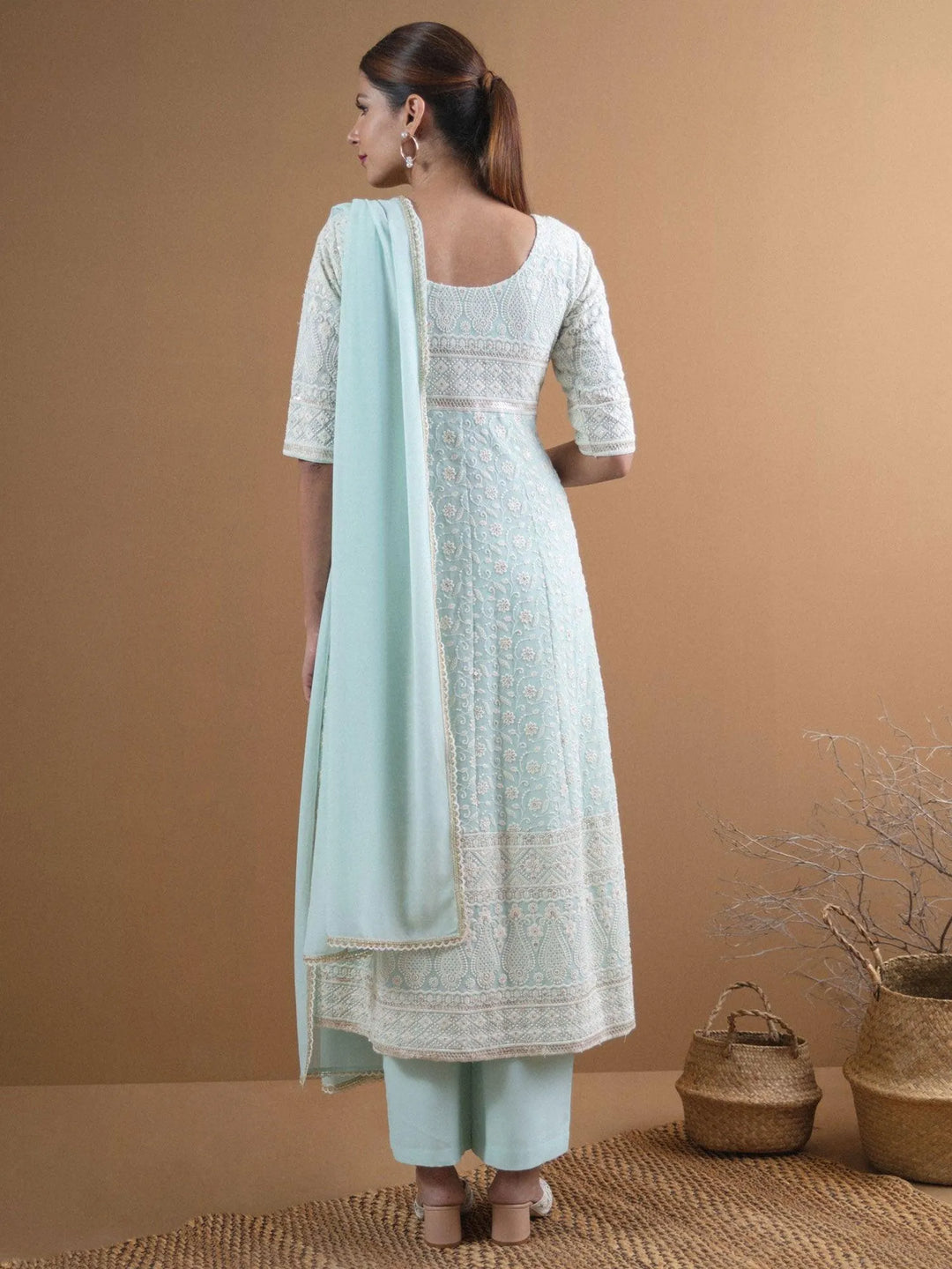 REYNA Blue Embroidered Georgette Suit Set - Libas