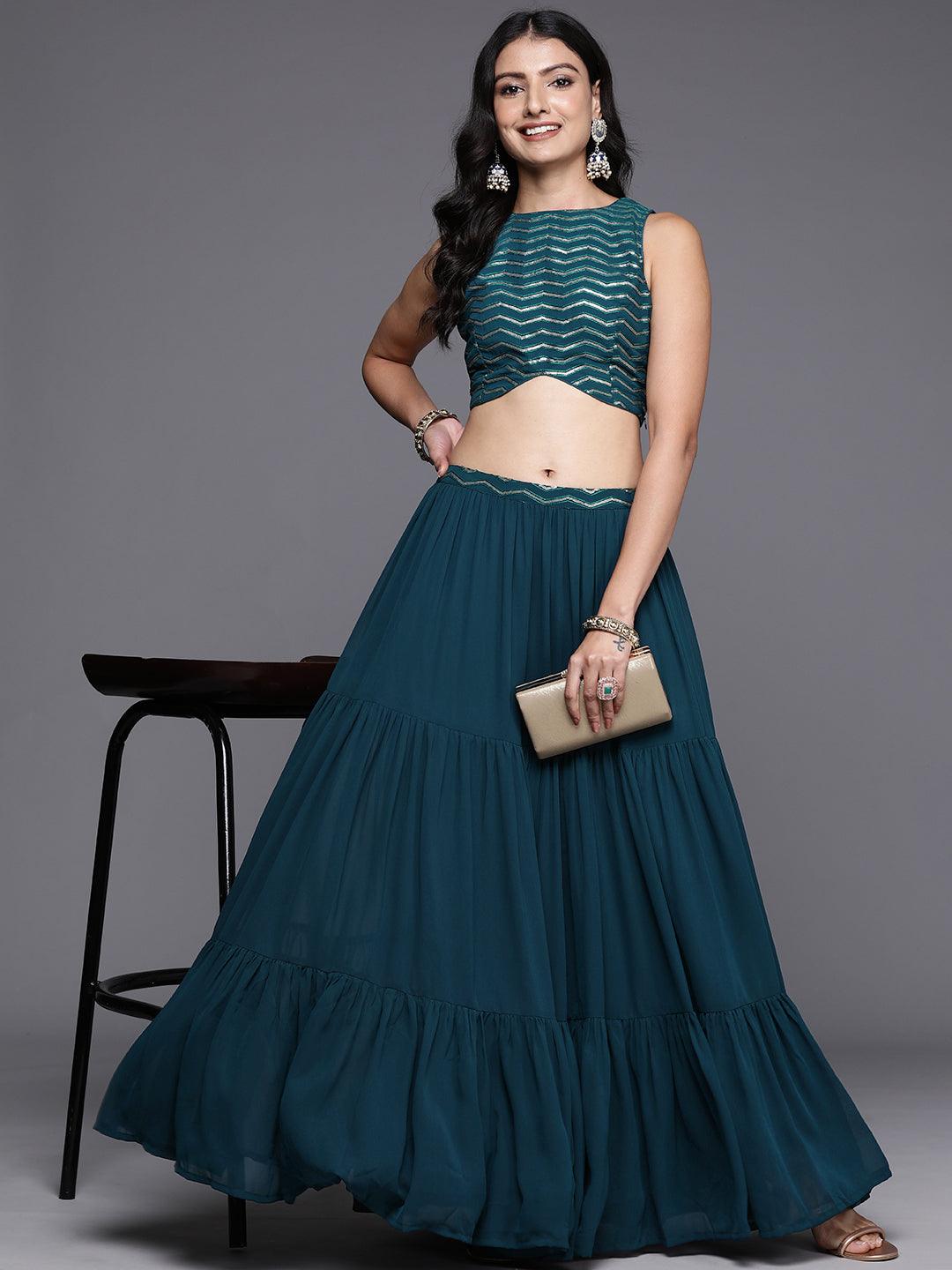 Blue Embroidered Georgette Lehenga Set - Libas