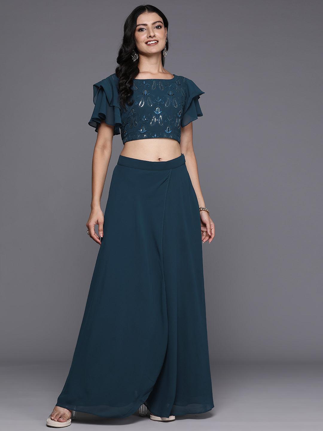 Blue Embroidered Georgette Lehenga Set - Libas 