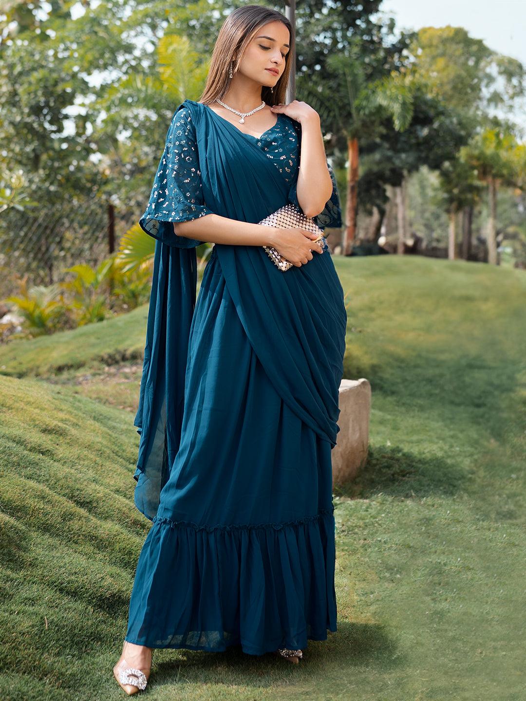 Blue Embroidered Georgette Saree - Libas 