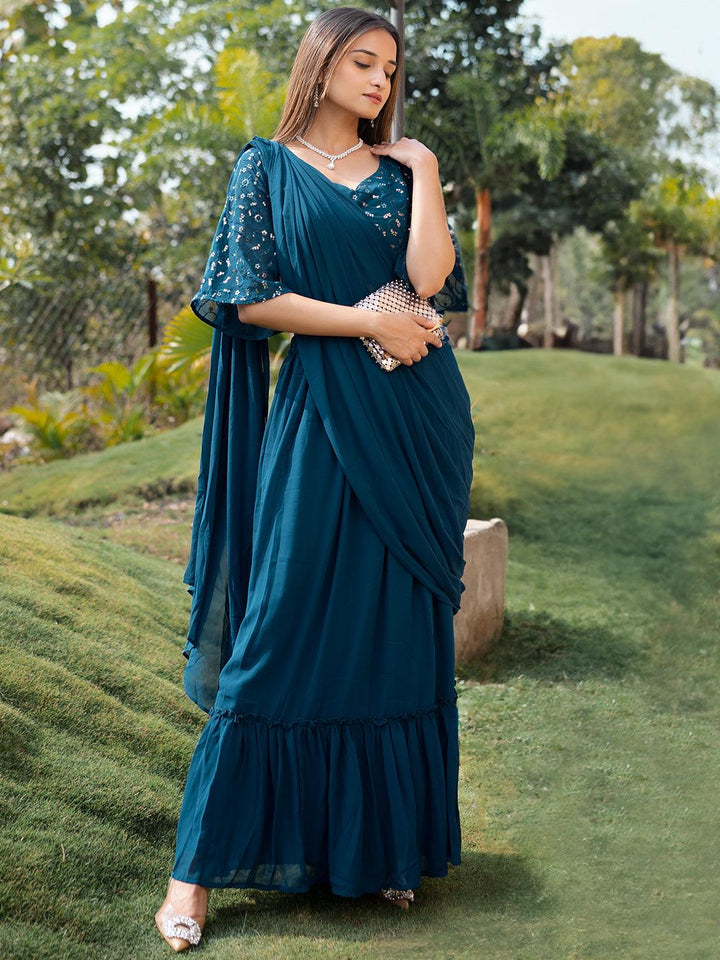 Blue Embroidered Georgette Saree - Libas