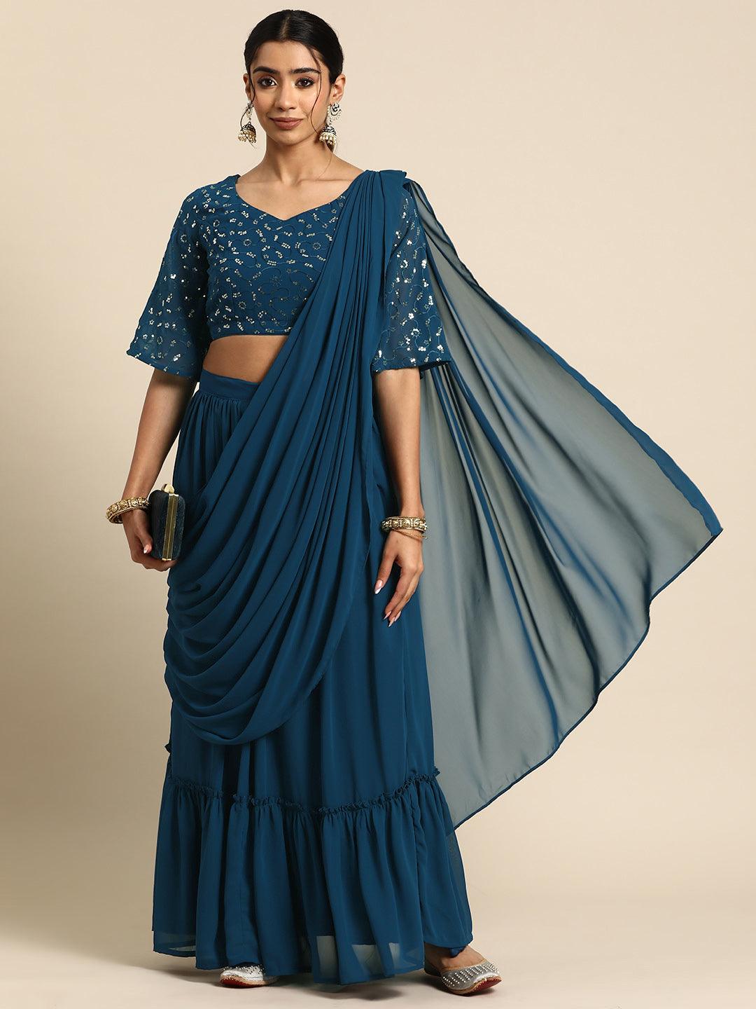 Blue Embroidered Georgette Saree - Libas 