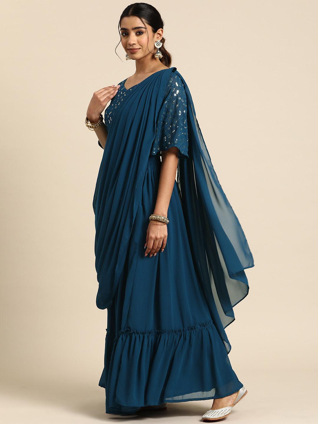 Blue Embroidered Georgette Saree - Libas 