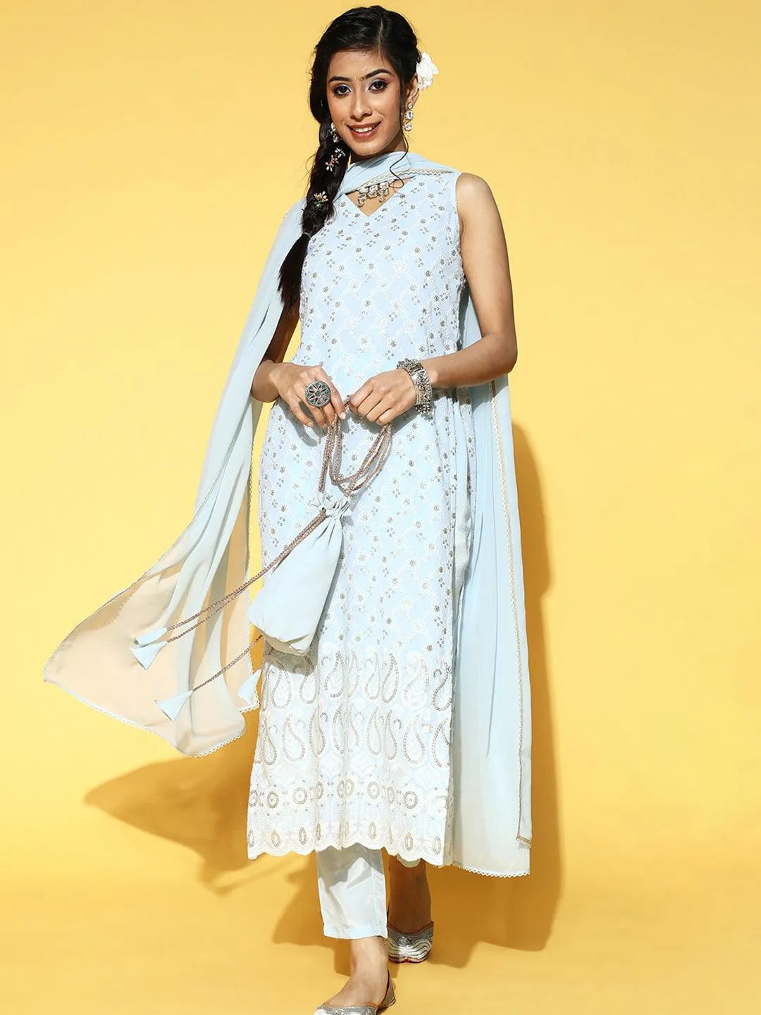 Blue Embroidered Georgette Kurta Set - Libas