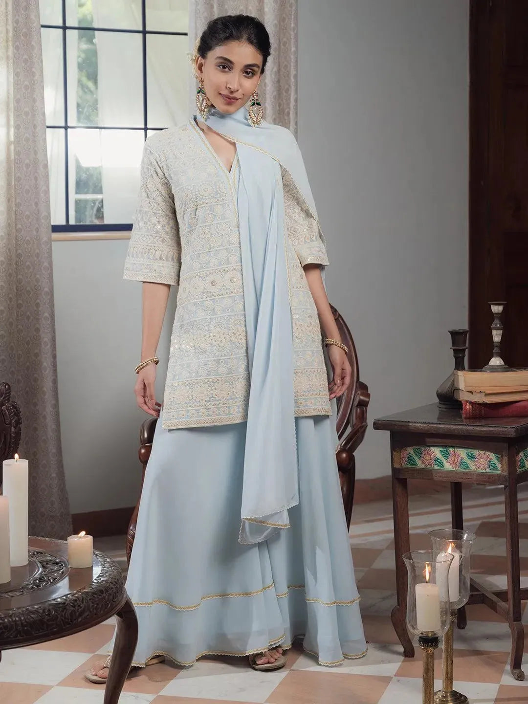 

Buy KASHVI Blue Embroidered Georgette Suit Set - 6827- | Libas Ethnic Wear Online